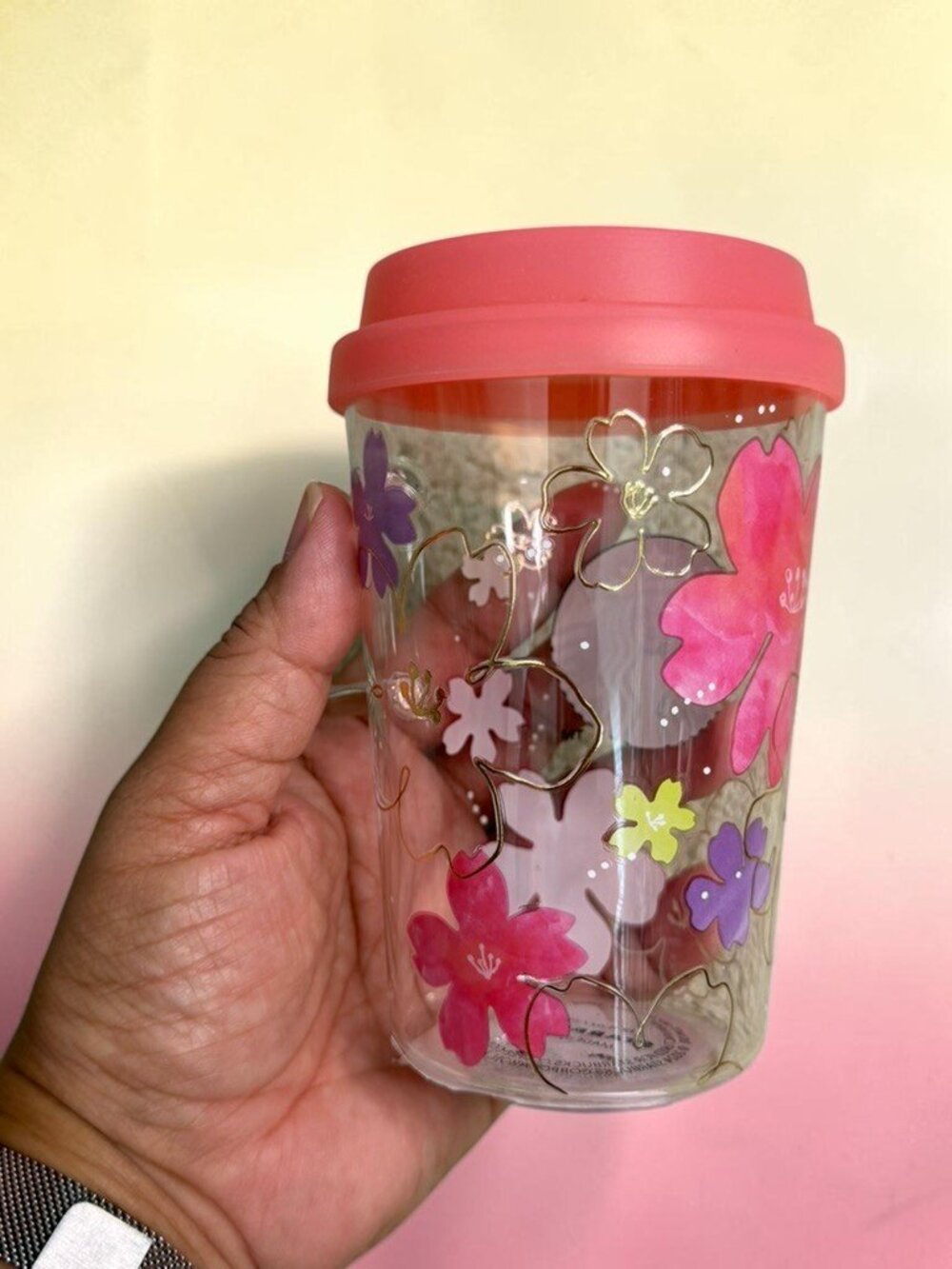 Starbucks Japan 2024 Sakura Floral Heat-Resistant Glass Travel Mug w/ Lid 12 oz - Picture 5 of 11